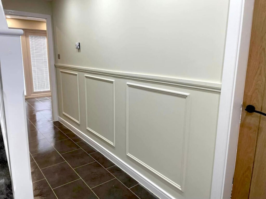 hallway cream painted wall panelling tiled floor cardiff primrose decor