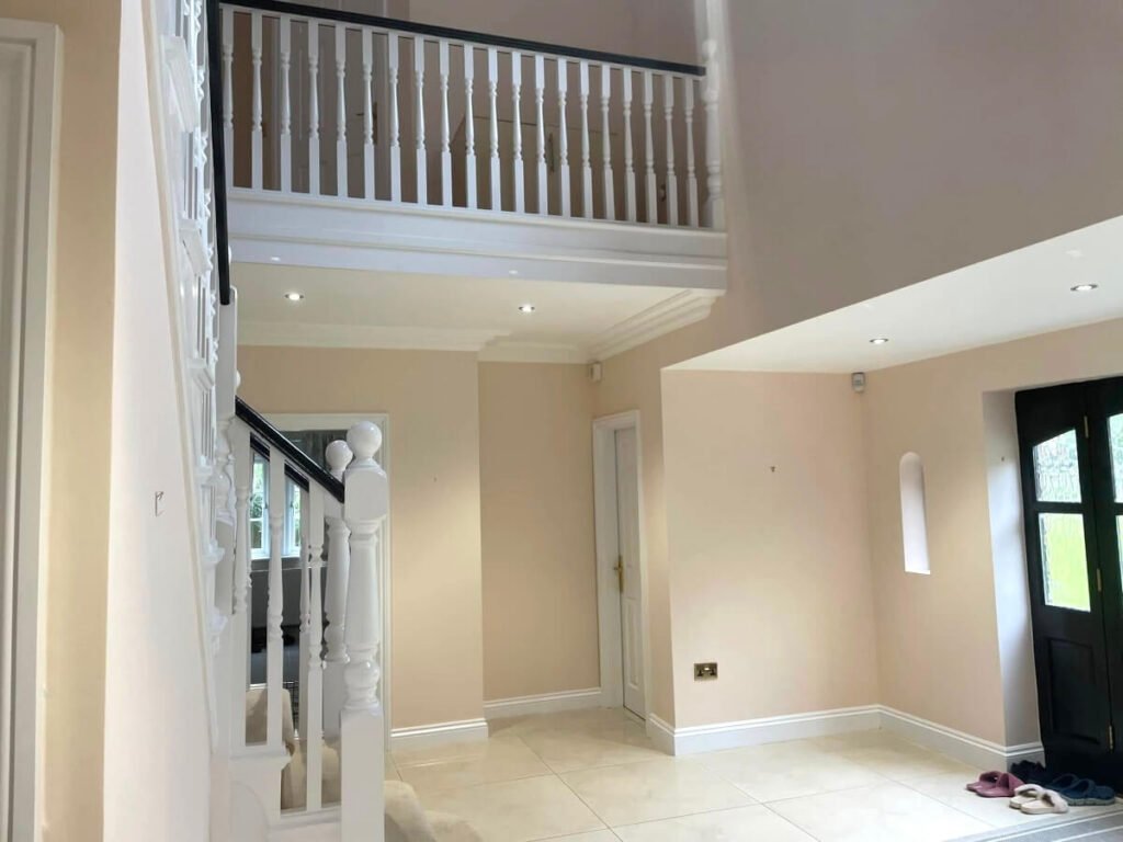hallway cream painted walls grand staircase cardiff primrose decor