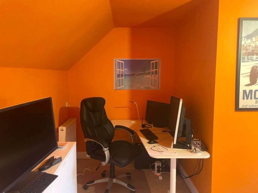 home office orange painted walls ceiling desks cardiff primrose decor