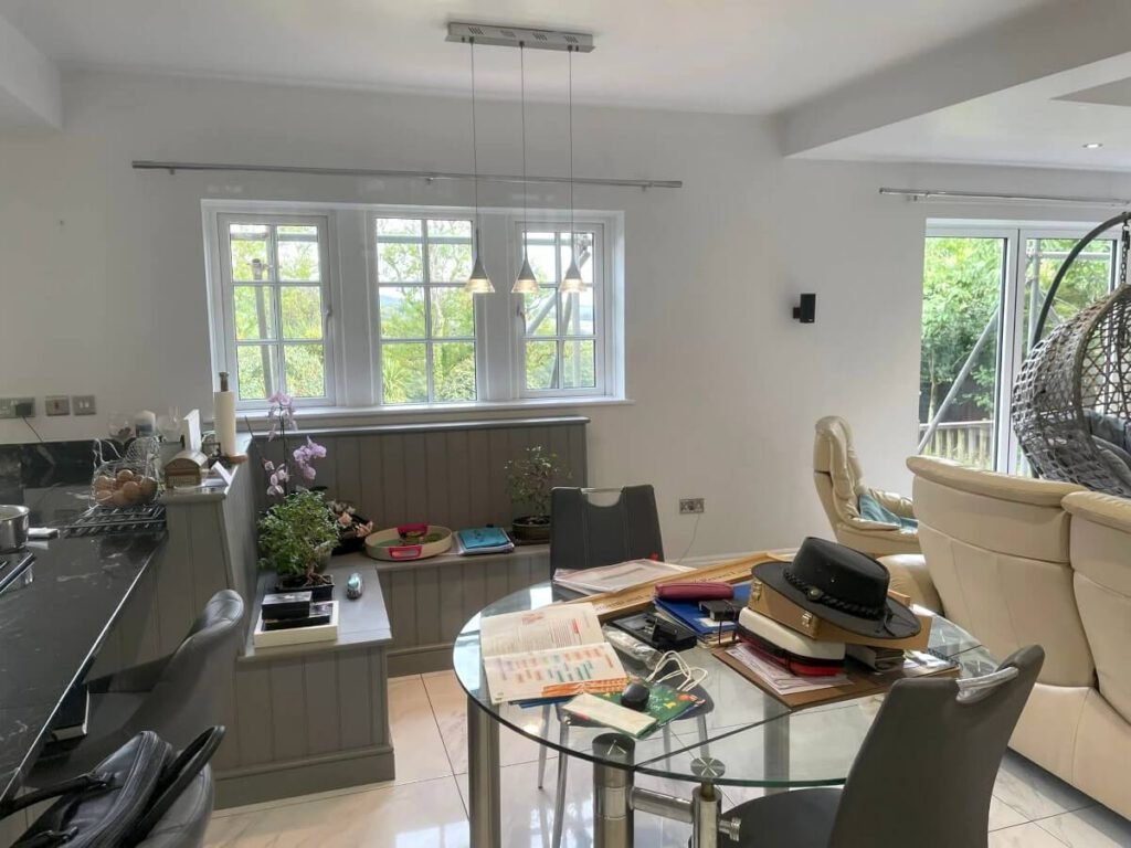 kitchen diner grey painted walls island breakfast bar cardiff primrose decor