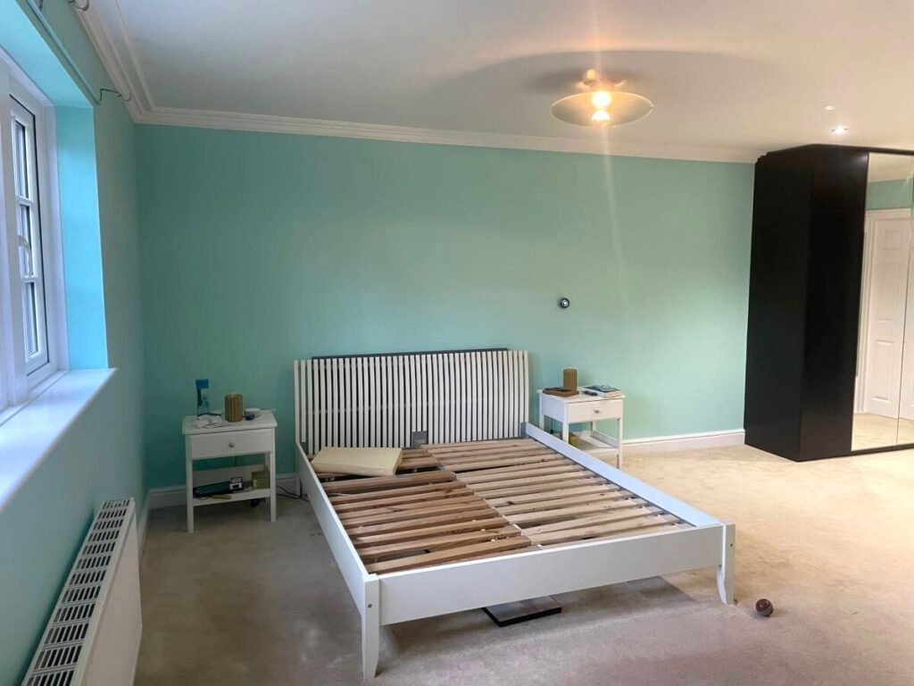 master bedroom aqua painted walls white bed wardrobe cardiff primrose decor