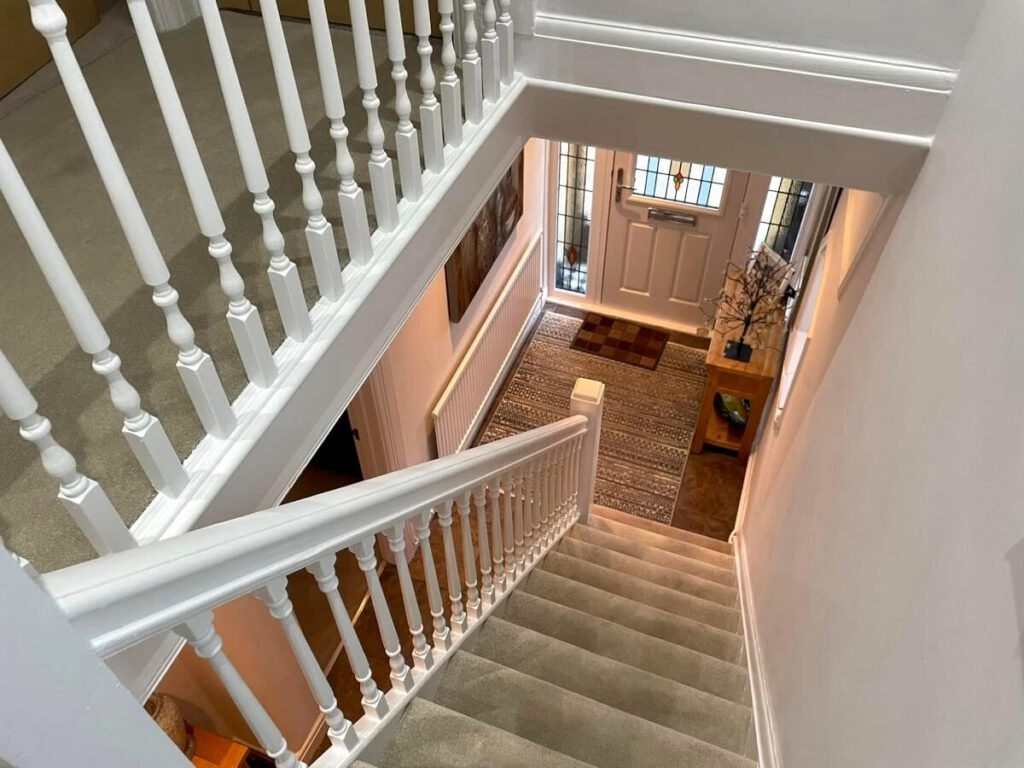 staircase cream painted walls landing view entryway cardiff primrose decor