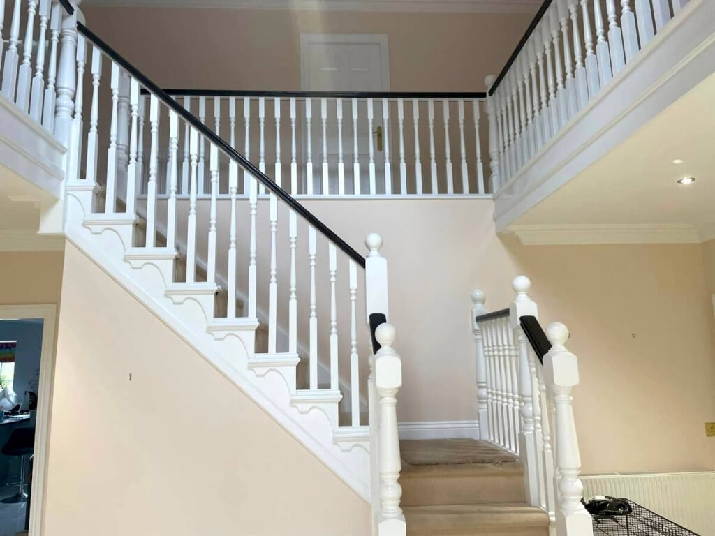staircase cream painted walls white banister black handrail cardiff primrose decor
